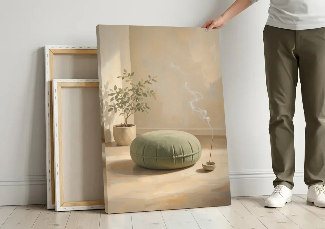 Sage Meditation Cushion with Rising Incense Smoke canvas wall art leaning against a wall next to blank canvases