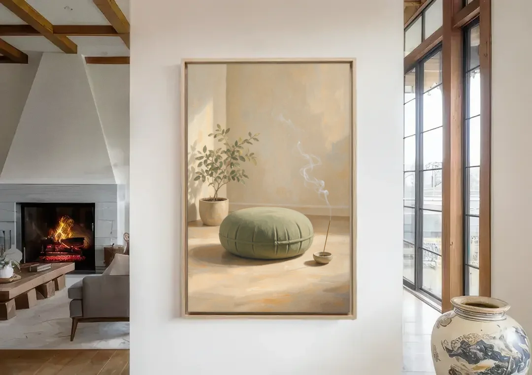 Sage Meditation Cushion with Rising Incense Smoke canvas wall art in a living room with a fireplace