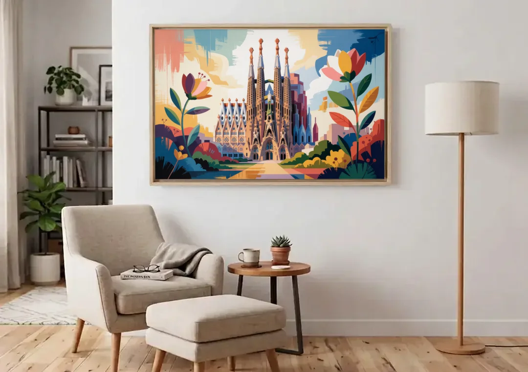 Sagrada Familia Splendor canvas wall art above an armchair in a bright living room