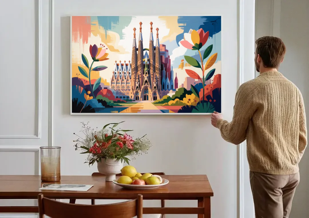 Sagrada Familia Splendor canvas wall art above a dining table