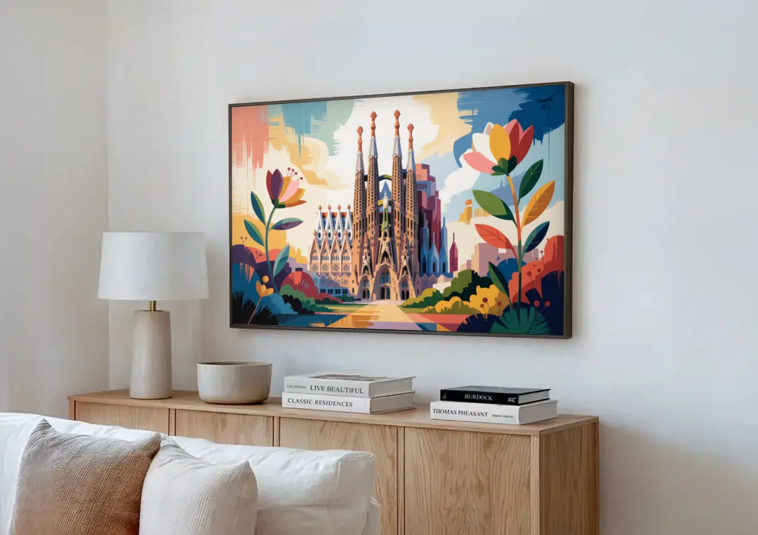 Sagrada Familia Splendor canvas wall art above a wooden sideboard next to a sofa