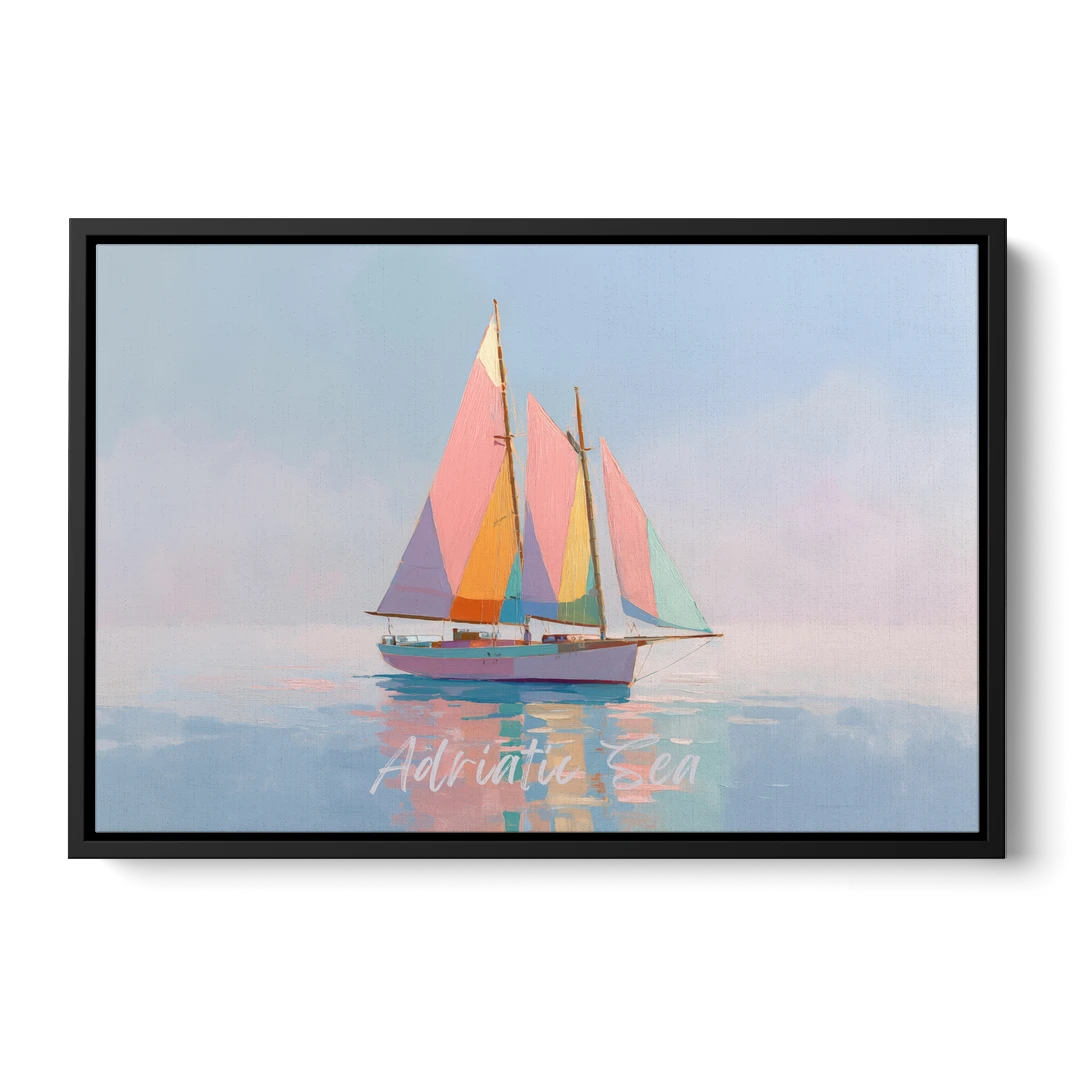 Sailboat Painting in Soft Pastels - Black Framed Canvas Wall Art - Front