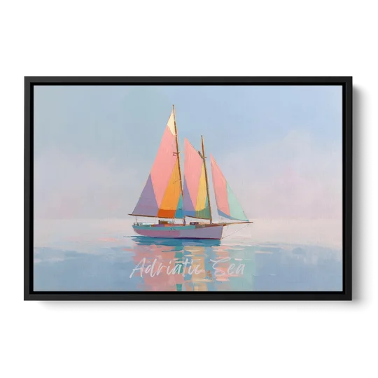 Sailboat Painting in Soft Pastels - Black Framed Canvas Wall Art - Front
