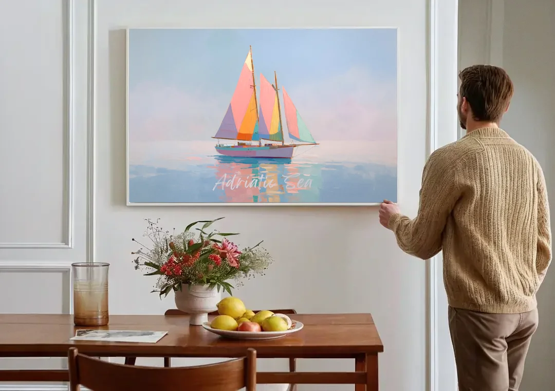 Sailboat Painting in Soft Pastels canvas wall art above a dining table