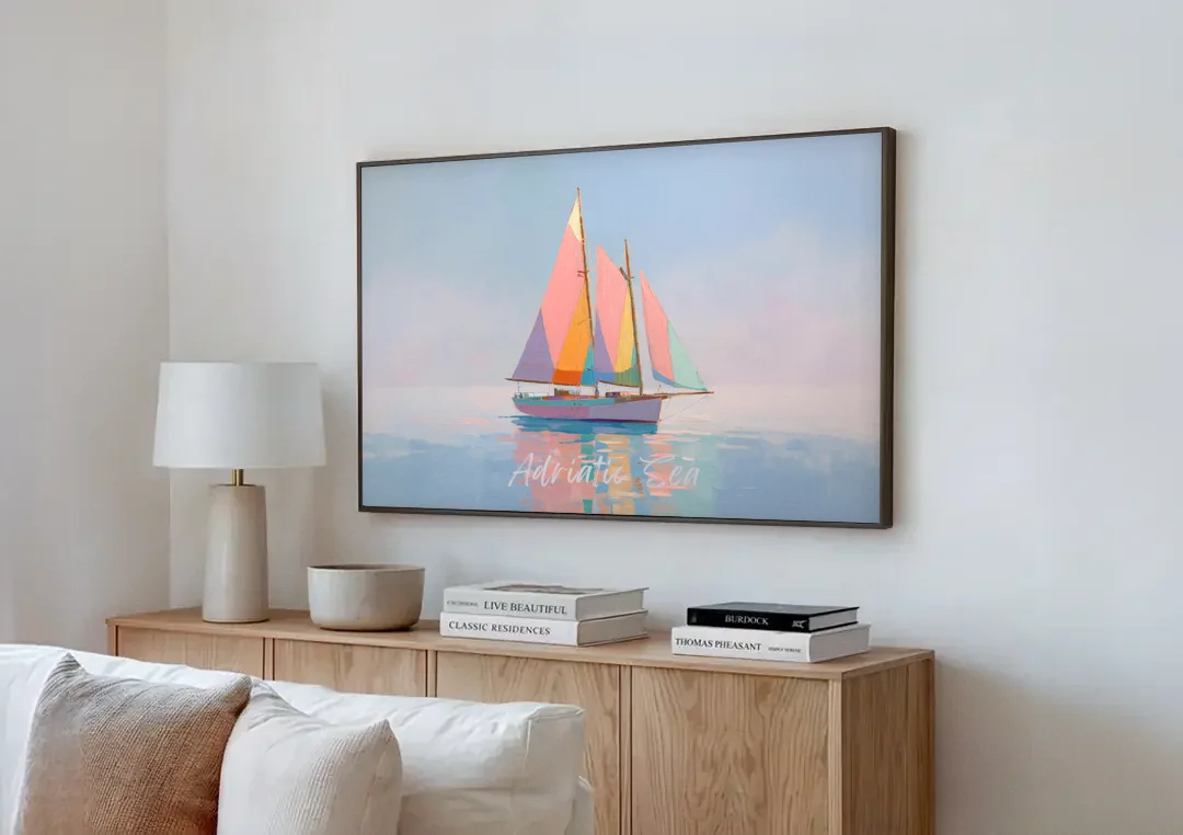 Sailboat Painting in Soft Pastels canvas wall art above a wooden sideboard next to a sofa
