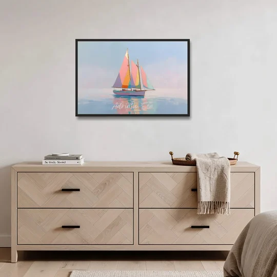 Sailboat Painting in Soft Pastels - Black Framed Canvas Wall Art - Coffee Table - 36x24
