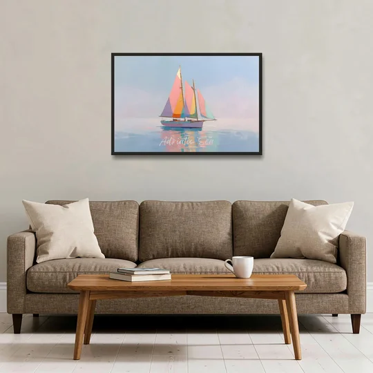Sailboat Painting in Soft Pastels - Black Framed Canvas Wall Art - Sofa - 36x24