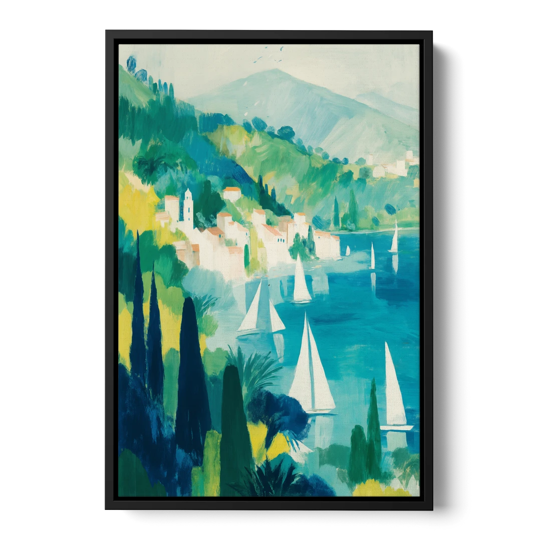 Sailboat Wall Art with Cypress Trees - Black Framed Canvas Wall Art - Front