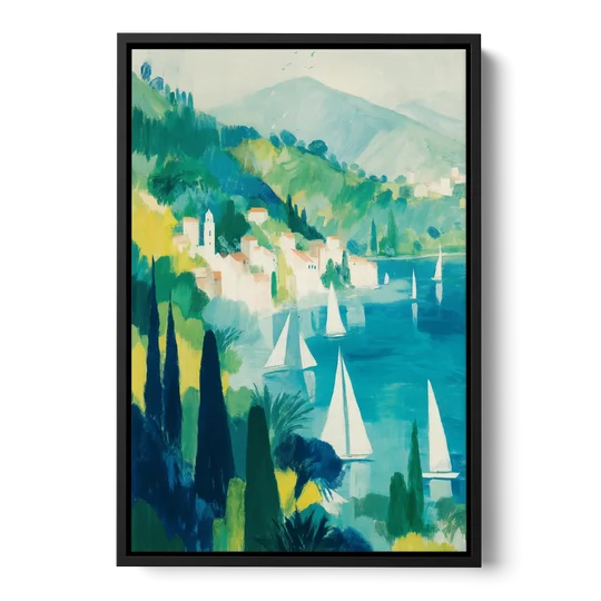 Sailboat Wall Art with Cypress Trees - Black Framed Canvas Wall Art - Front