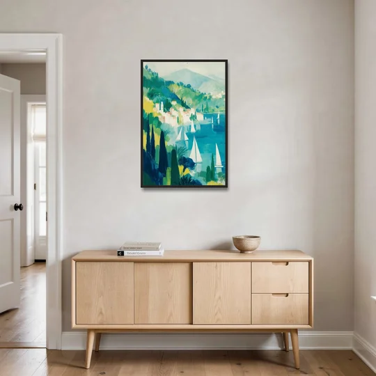 Sailboat Wall Art with Cypress Trees - Black Framed Canvas Wall Art - Coffee Table - 24x36