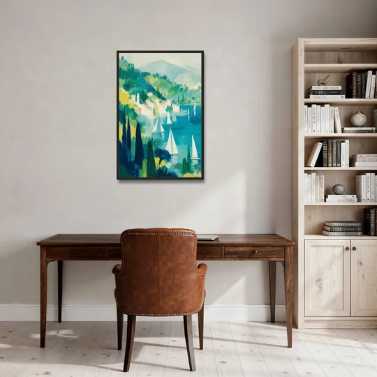 Sailboat Wall Art with Cypress Trees - Black Framed Canvas Wall Art - Office - 24x36