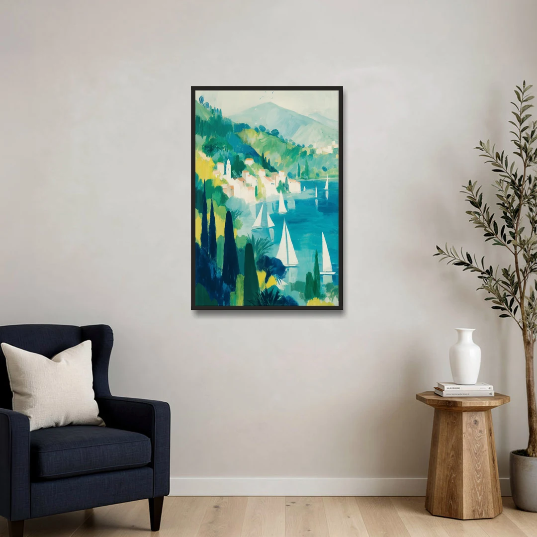 Sailboat Wall Art with Cypress Trees - Black Framed Canvas Wall Art - Sofa - 24x36