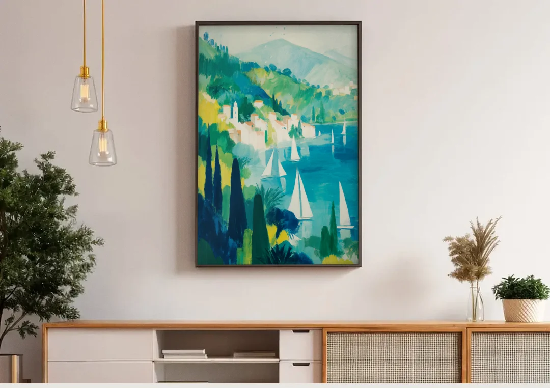 Sailboat Wall Art with Cypress Trees canvas wall art above a wooden sideboard under pendant lights