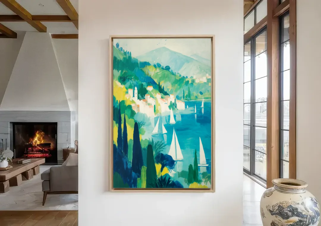 Sailboat Wall Art with Cypress Trees canvas wall art in a living room with a fireplace