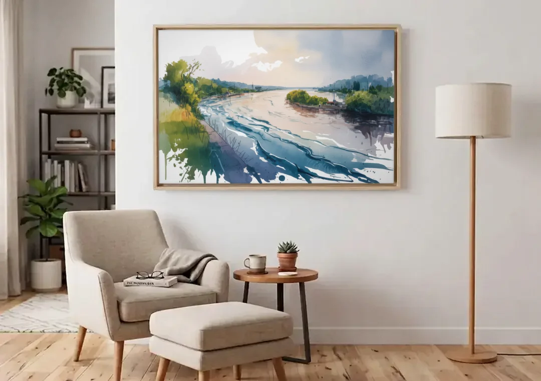 Saint Lawrence River View canvas wall art above an armchair in a bright living room