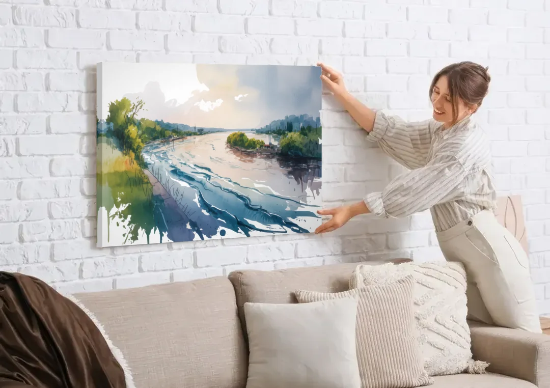 Saint Lawrence River View canvas wall art being hung on a white brick wall above a sofa
