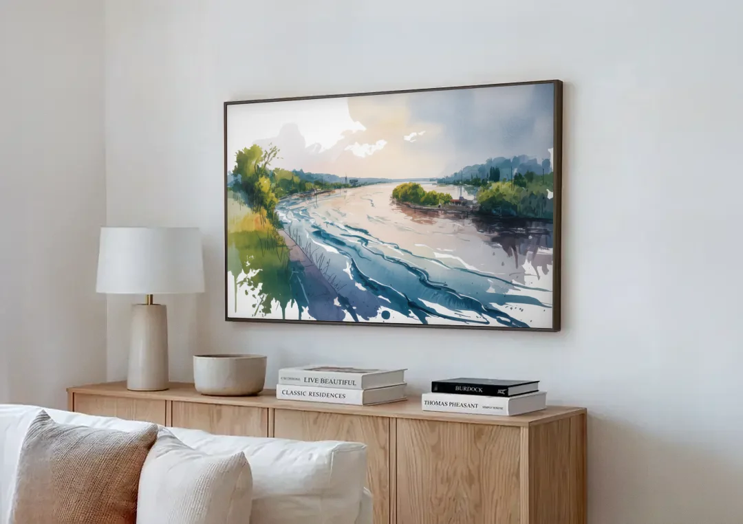Saint Lawrence River View canvas wall art above a wooden sideboard next to a sofa