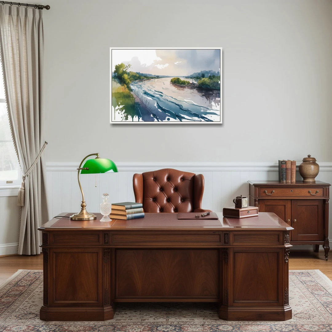Saint Lawrence River View - White Framed Canvas Wall Art - Office - 36x24