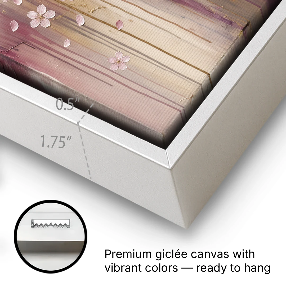 Sakura Painting with Dripping Rose and Gold - White Framed Canvas Wall Art - Gallery Wrap Corner