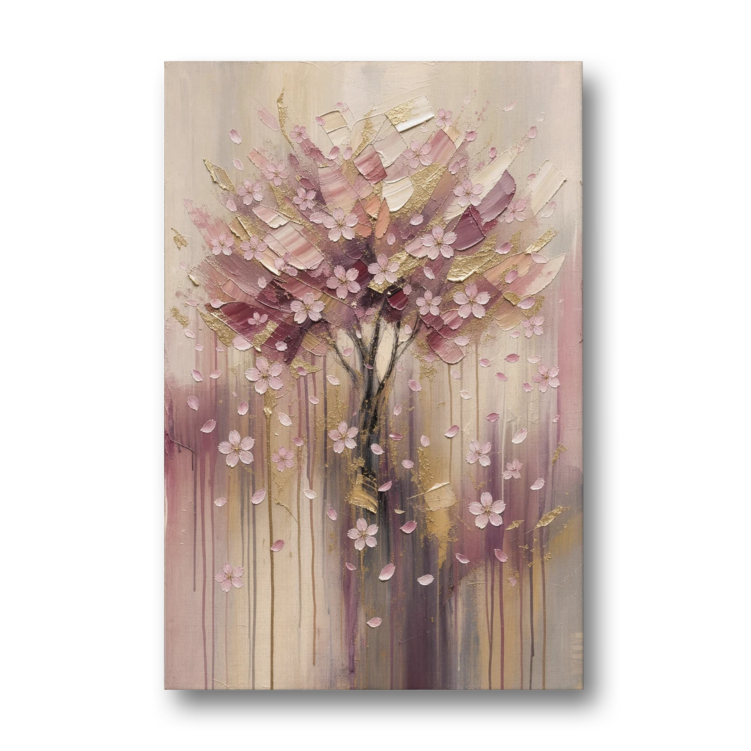 Sakura Painting with Dripping Rose and Gold - Canvas Wall Art - Front