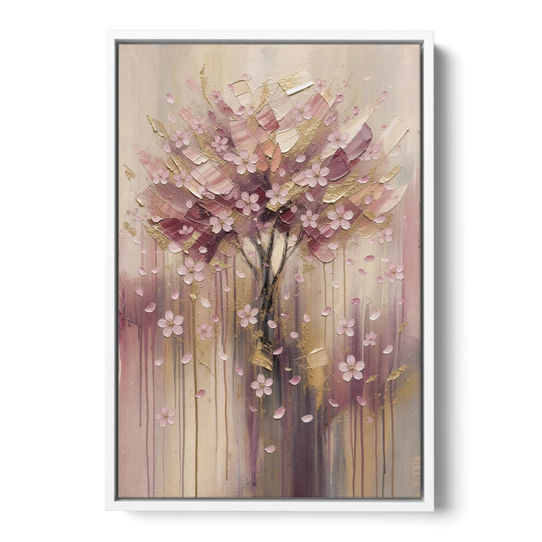 Sakura Painting with Dripping Rose and Gold - White Framed Canvas Wall Art - Front