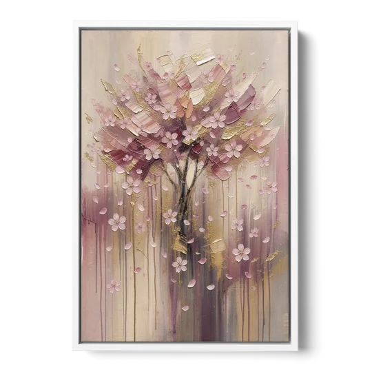 Sakura Painting with Dripping Rose and Gold - White Framed Canvas Wall Art - Front