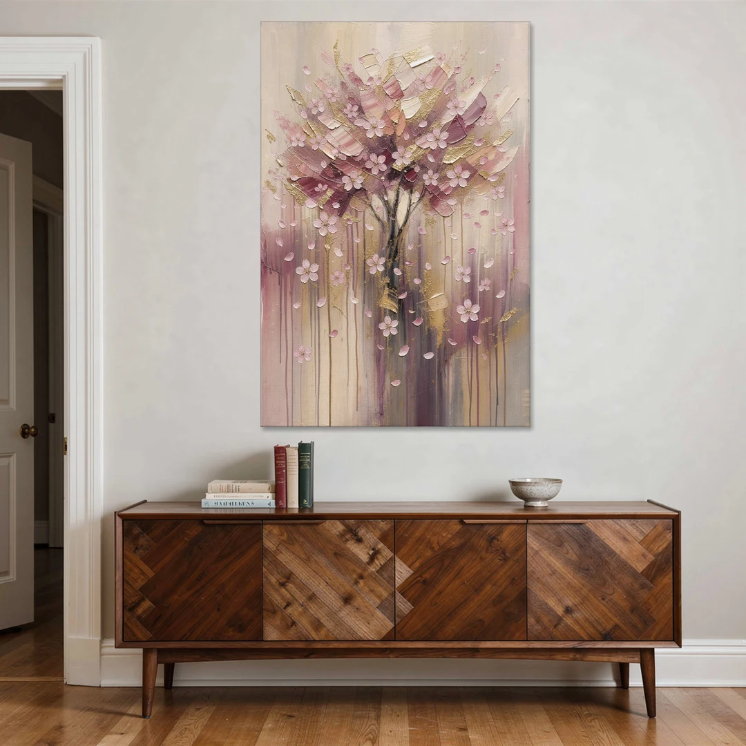 Sakura Painting with Dripping Rose and Gold - Canvas Wall Art - Coffee Table - 40x60