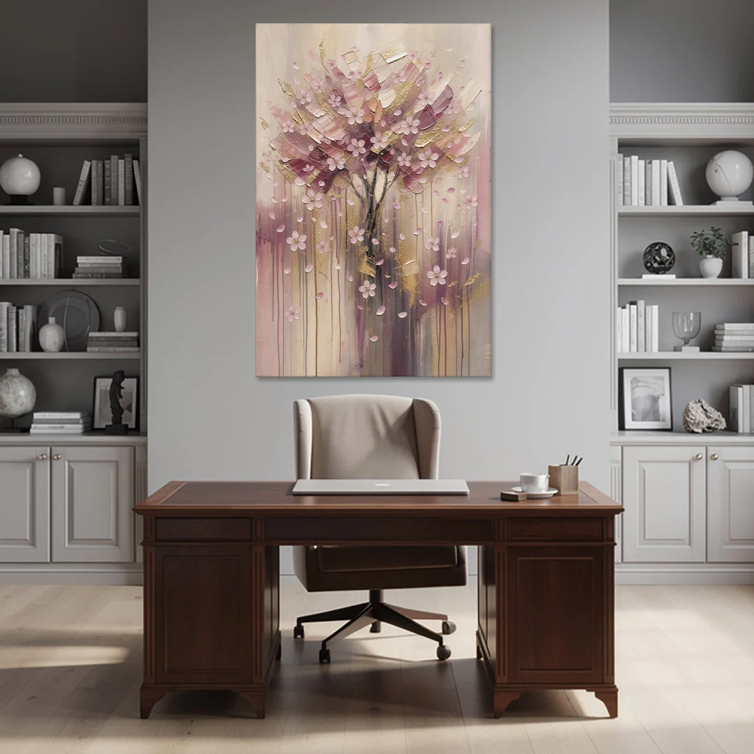 Sakura Painting with Dripping Rose and Gold - Canvas Wall Art - Office - 40x60