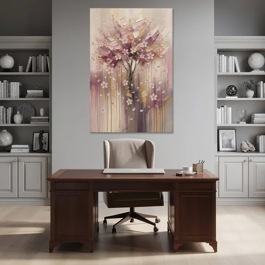 Sakura Painting with Dripping Rose and Gold - Canvas Wall Art - Office - 40x60