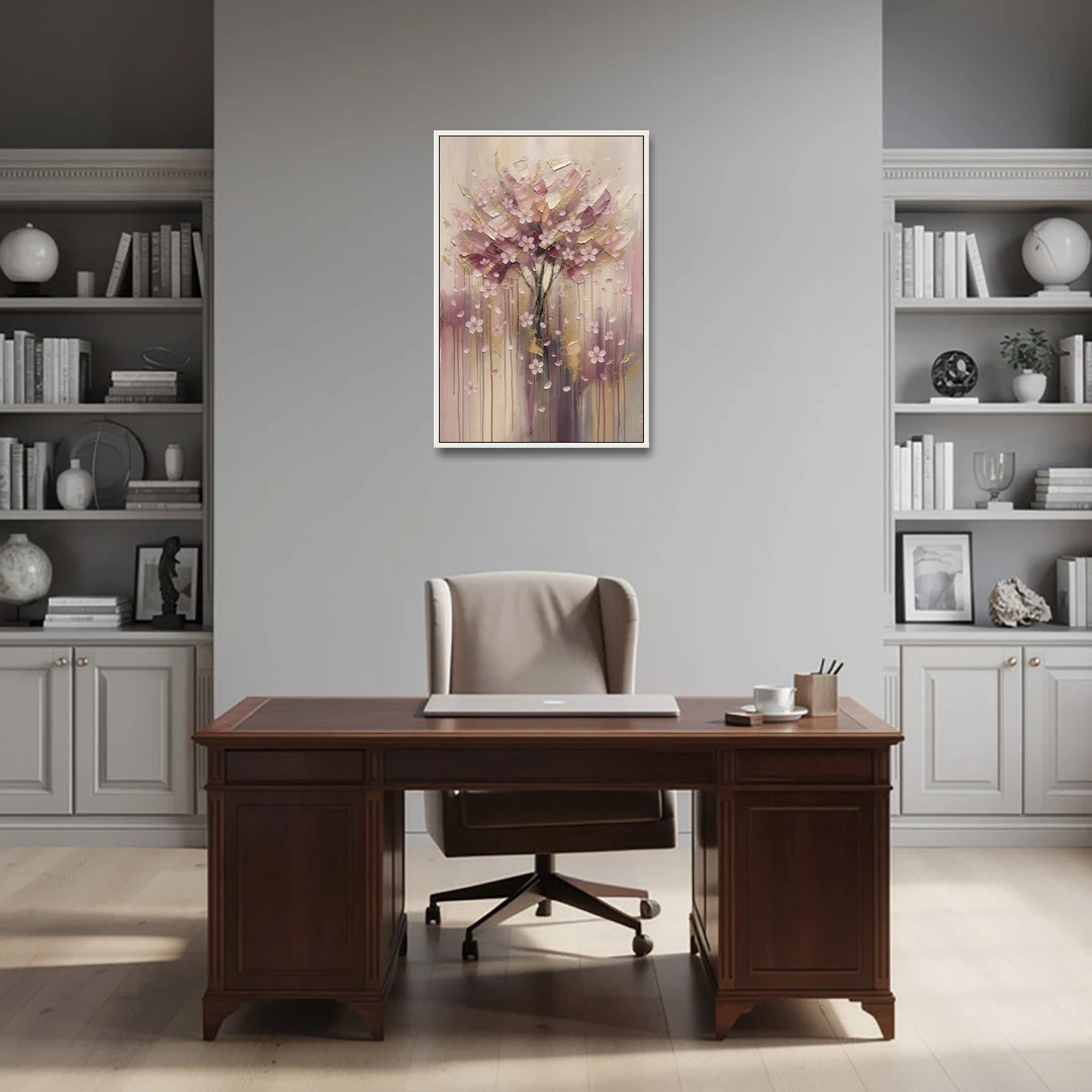 Sakura Painting with Dripping Rose and Gold - White Framed Canvas Wall Art - Office - 24x36