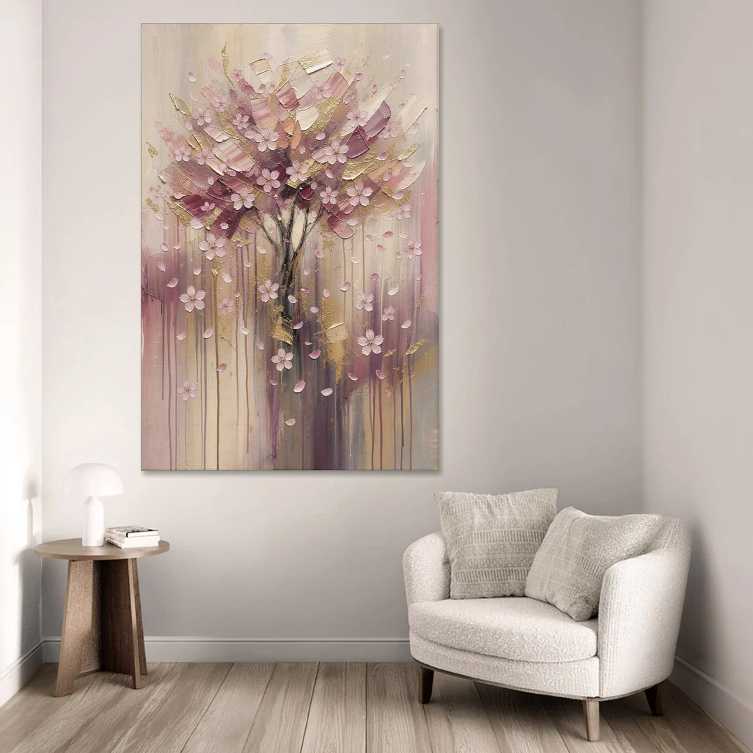 Sakura Painting with Dripping Rose and Gold - Canvas Wall Art - Sofa - 40x60