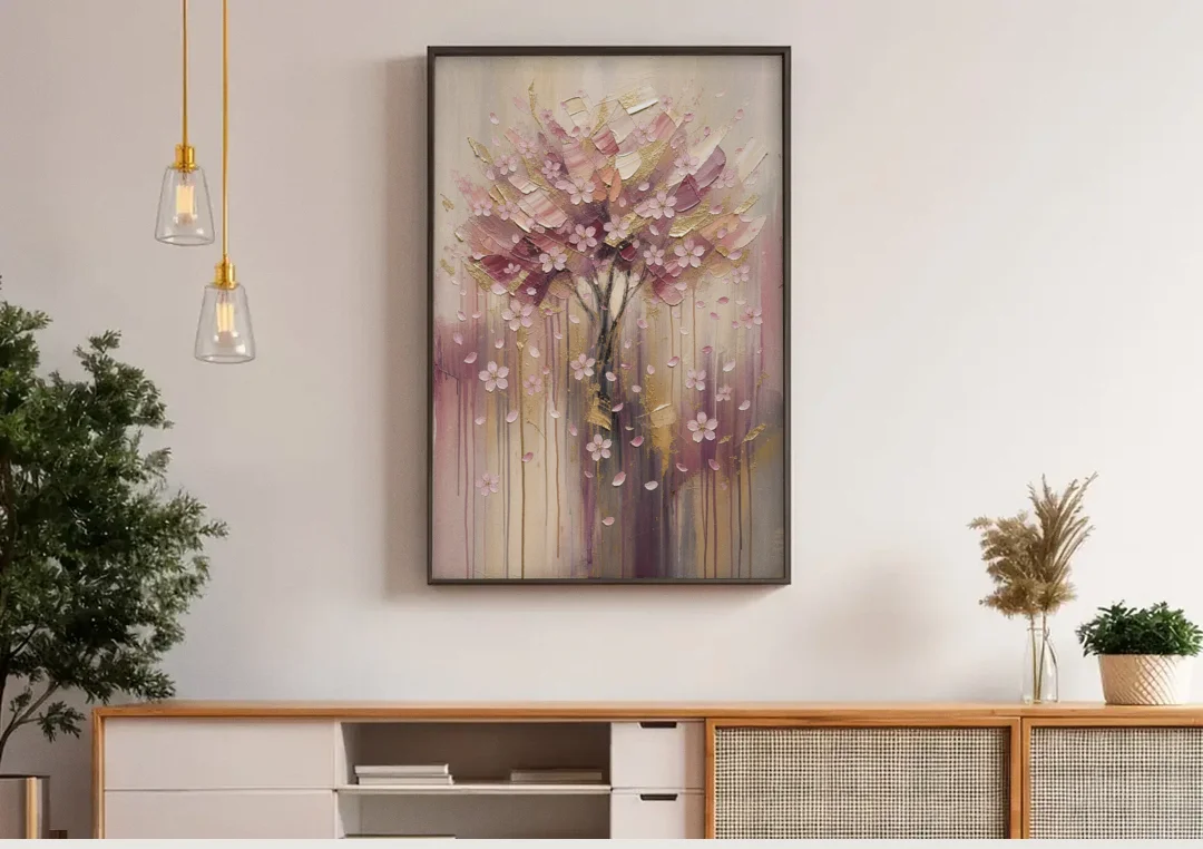 Sakura Painting with Dripping Rose and Gold canvas wall art above a wooden sideboard under pendant lights