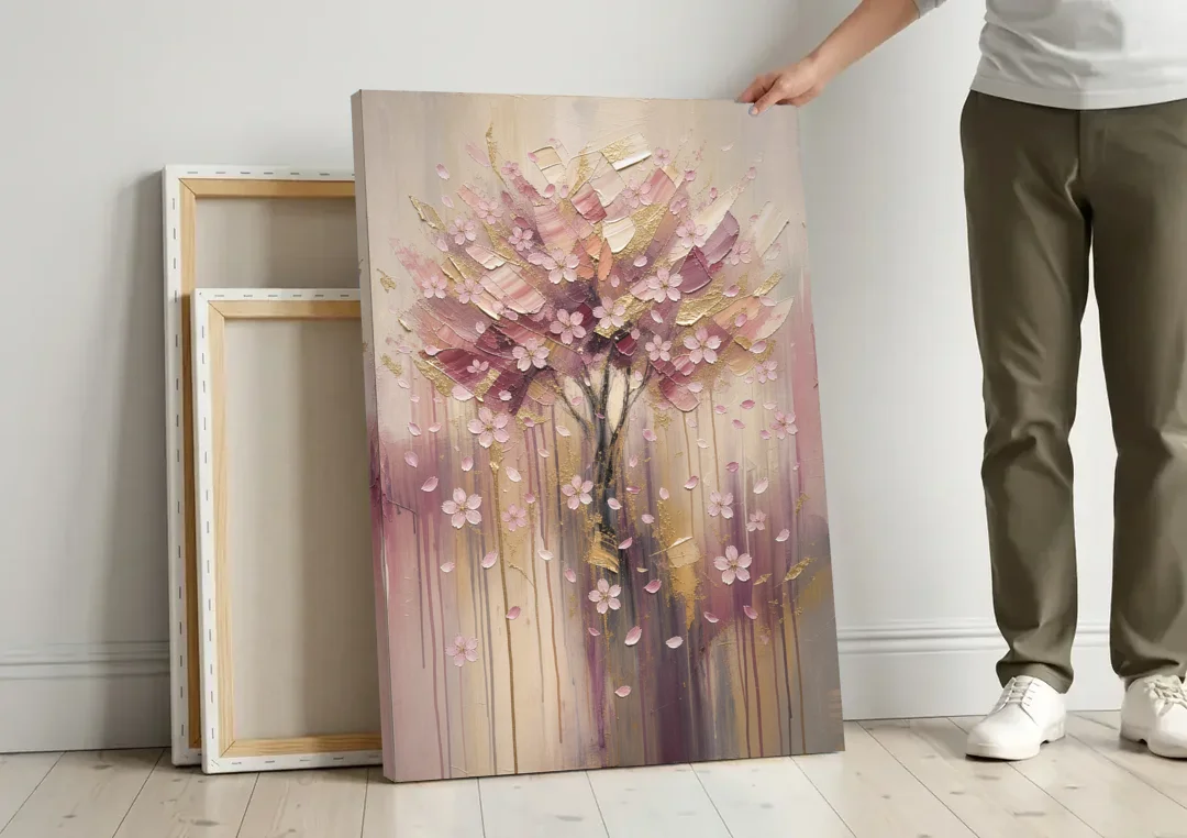 Sakura Painting with Dripping Rose and Gold canvas wall art leaning against a wall next to blank canvases