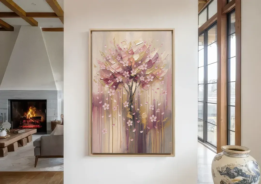 Sakura Painting with Dripping Rose and Gold canvas wall art in a living room with a fireplace