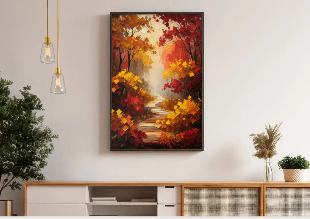 Salem Autumn Forest canvas wall art above a wooden sideboard under pendant lights