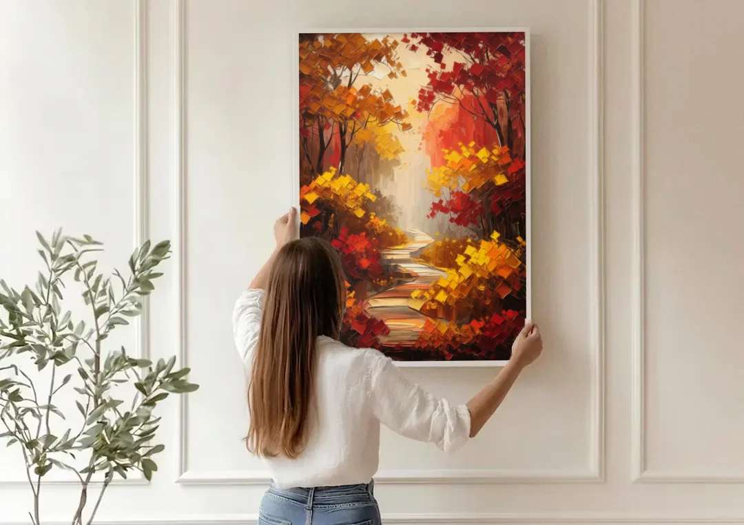 Salem Autumn Forest canvas wall art being hung on a paneled wall
