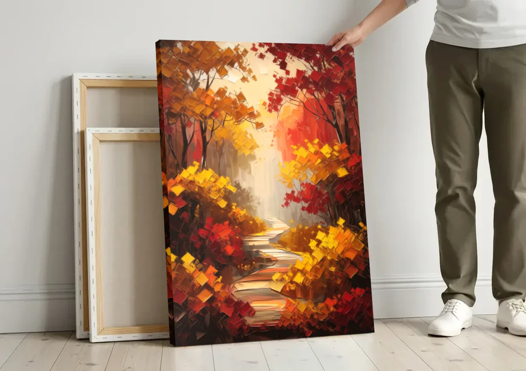 Salem Autumn Forest canvas wall art leaning against a wall next to blank canvases