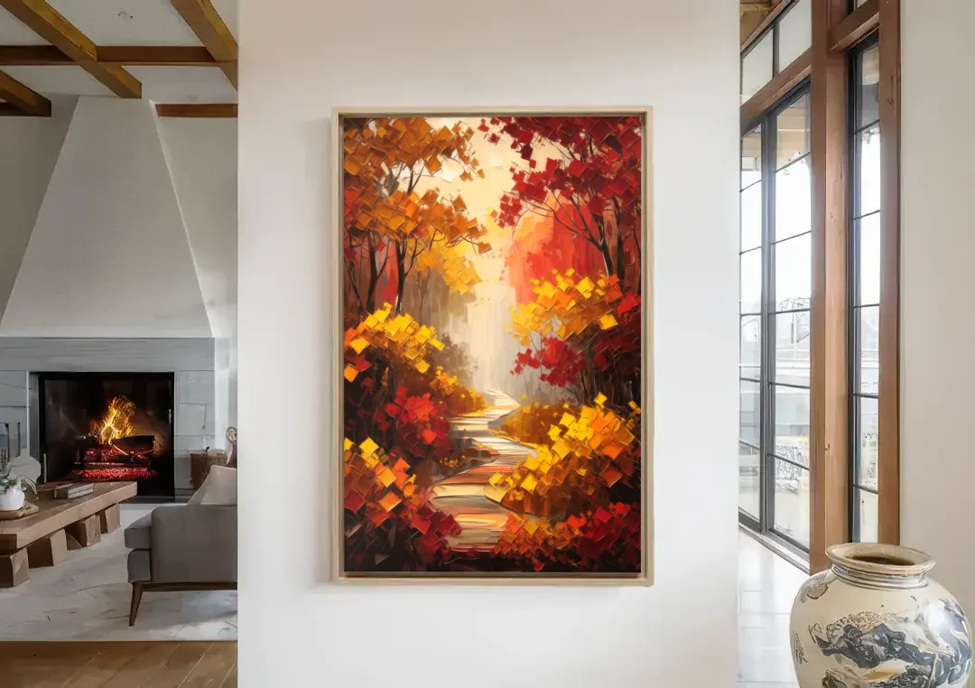 Salem Autumn Forest canvas wall art in a living room with a fireplace