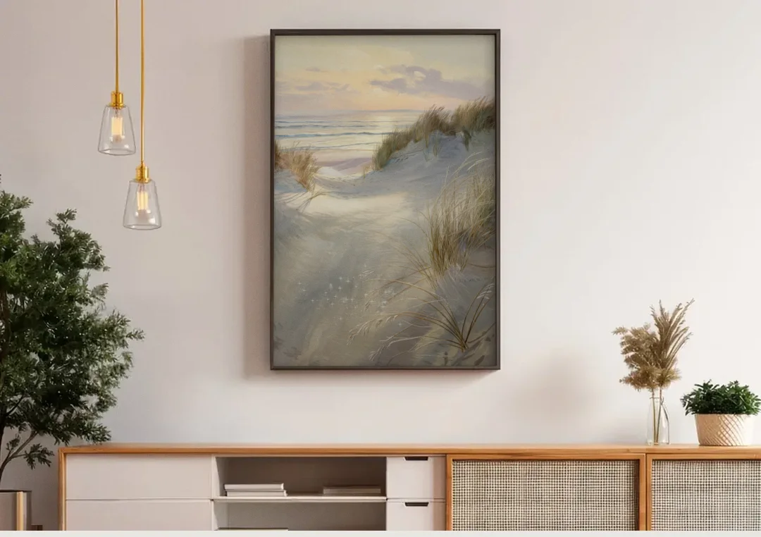 Salem Coastal Charm canvas wall art above a wooden sideboard under pendant lights
