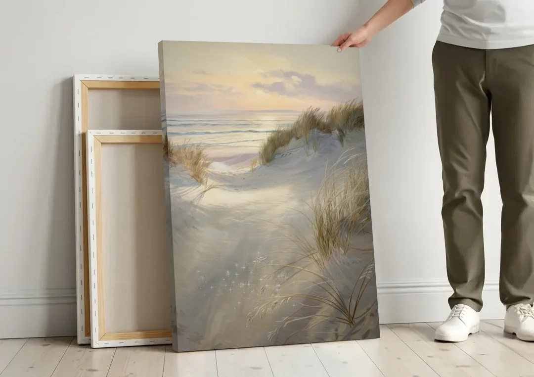 Salem Coastal Charm canvas wall art leaning against a wall next to blank canvases