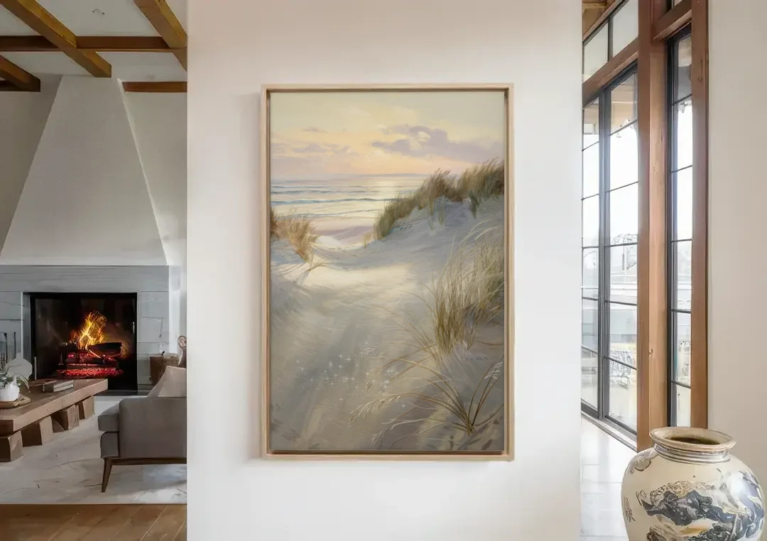 Salem Coastal Charm canvas wall art in a living room with a fireplace