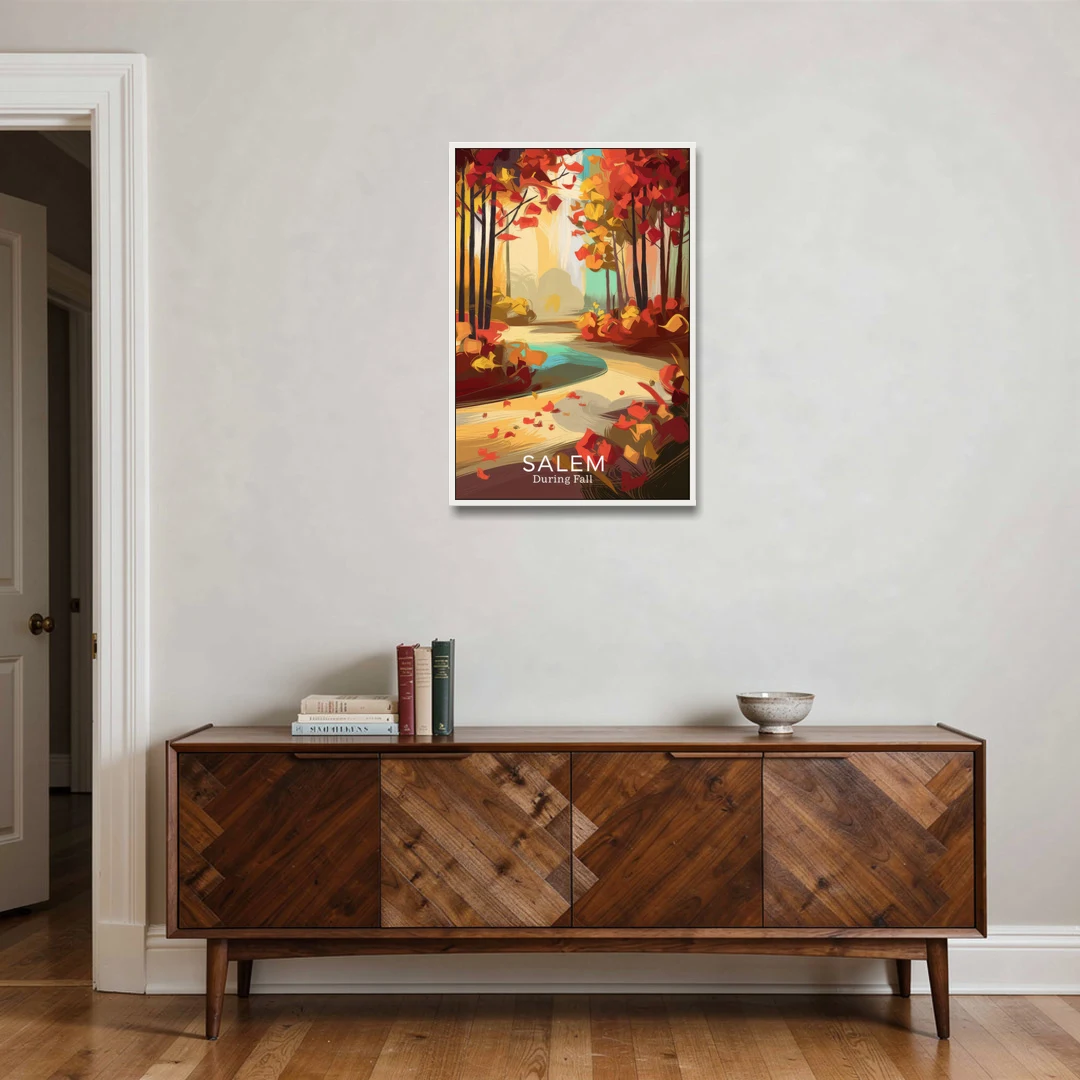 Salem Fall Foliage - White Framed Canvas Wall Art - Coffee Table - 24x36
