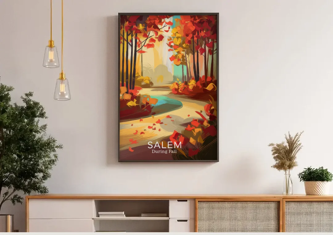 Salem Fall Foliage canvas wall art above a wooden sideboard under pendant lights
