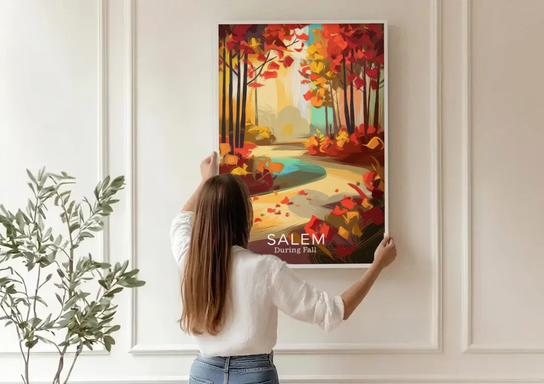 Salem Fall Foliage canvas wall art being hung on a paneled wall