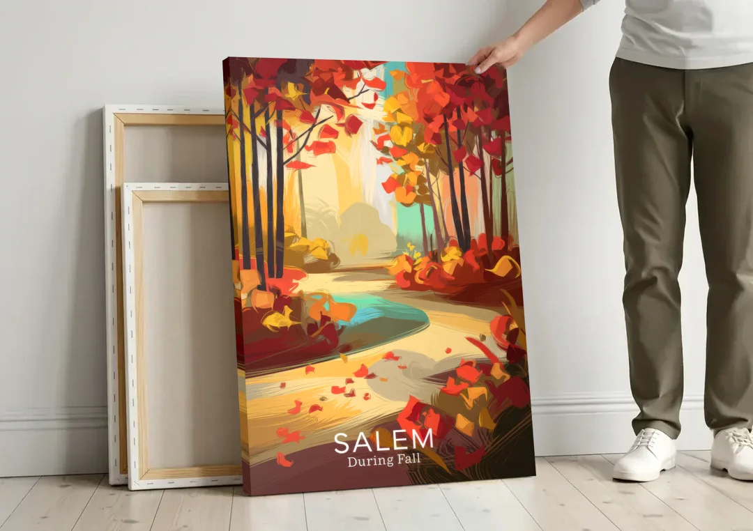 Salem Fall Foliage canvas wall art leaning against a wall next to blank canvases