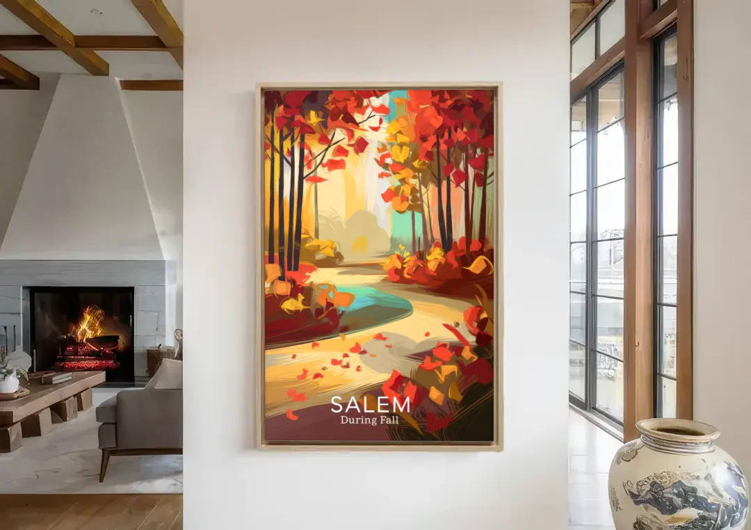 Salem Fall Foliage canvas wall art in a living room with a fireplace