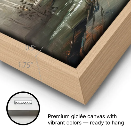 Salem Foggy Morning - Oak Framed Canvas Wall Art - Gallery Wrap Corner