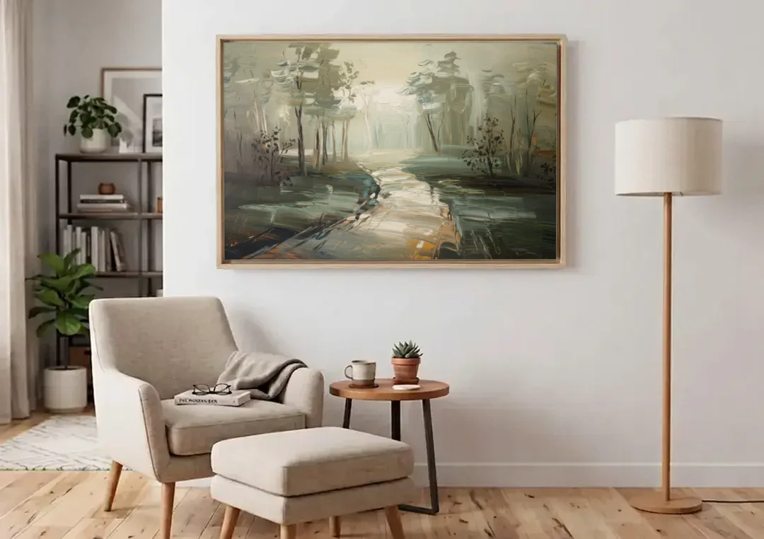 Salem Foggy Morning canvas wall art above an armchair in a bright living room