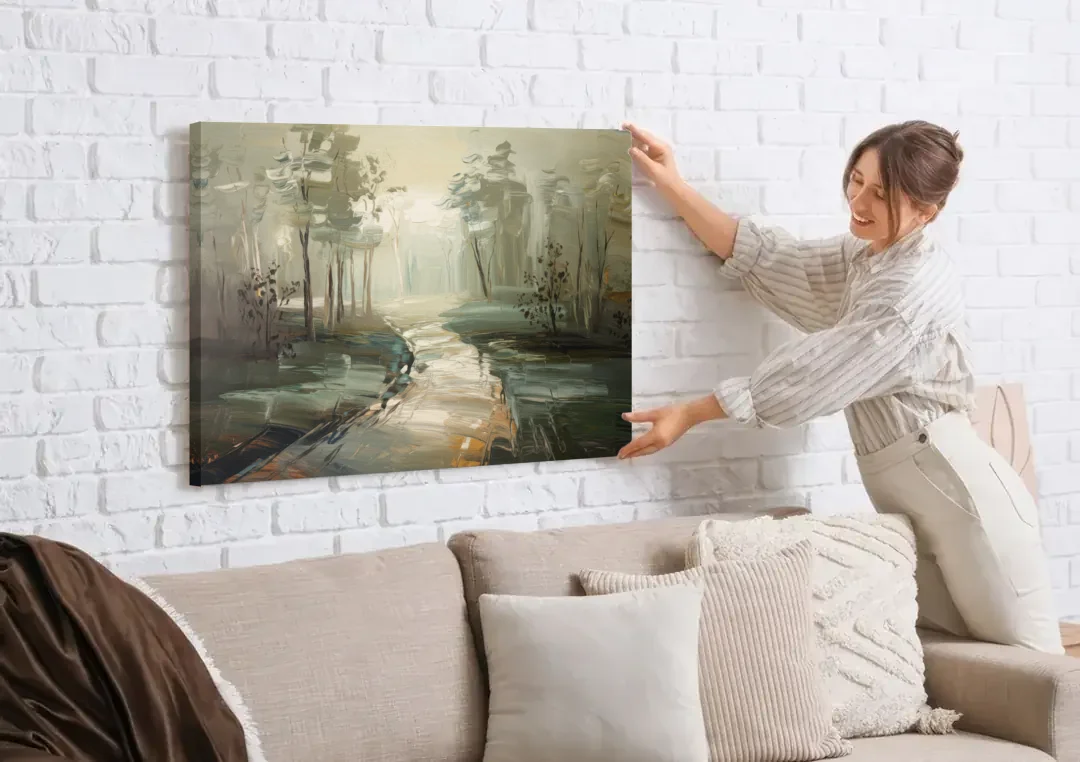 Salem Foggy Morning canvas wall art being hung on a white brick wall above a sofa