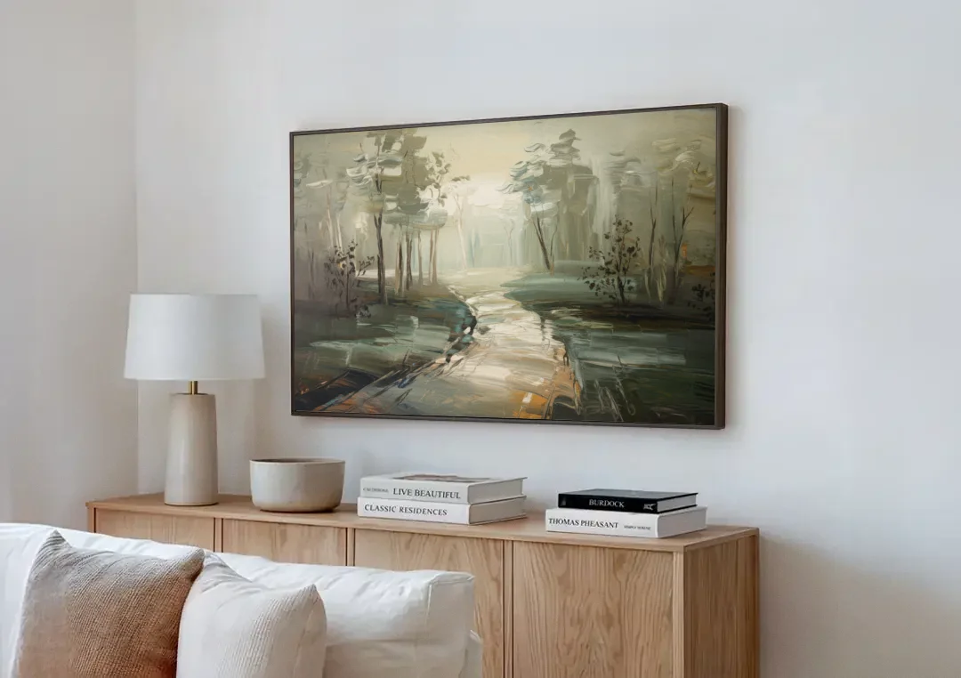 Salem Foggy Morning canvas wall art above a wooden sideboard next to a sofa